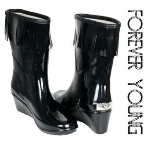 Women Rain Boots, Mid Calf Rubber Wedge Rainboots with Tassels, RB-1811, Black